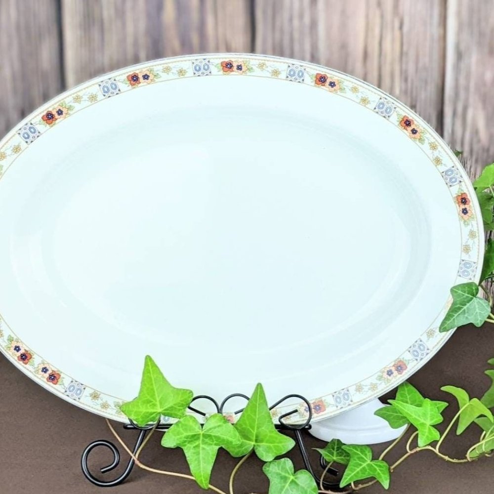Large Vtg White Porcelain Autumn Fall Turkey Platter | 14" Oval Serving Platter